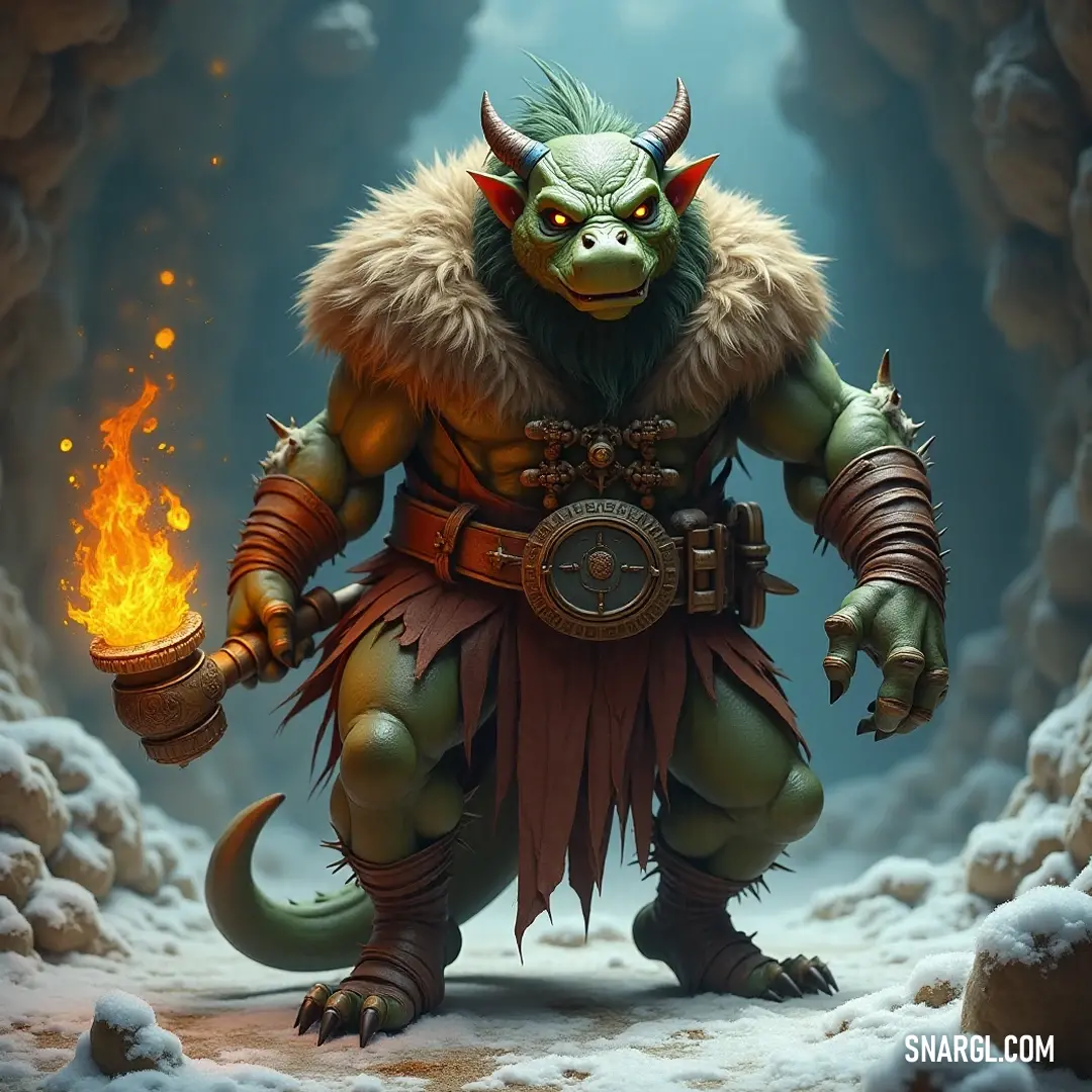 An imposing Tarek, adorned with horns, radiates strength with fire held fiercely in its hand, enveloping the surroundings in warmth and light, a true embodiment of elemental mastery. A powerful Tarek with a horned visage and body, exuding heat and strength, holds a blazing fire in its hand, projecting an aura of dominance and control.
