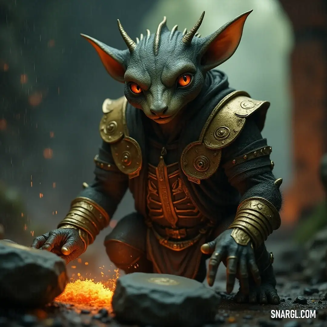 A formidable Tarek lies on the ground, equipped with armor, glowing eyes, and a fiery hand, projecting an aura of power and danger amidst its fiery surroundings.