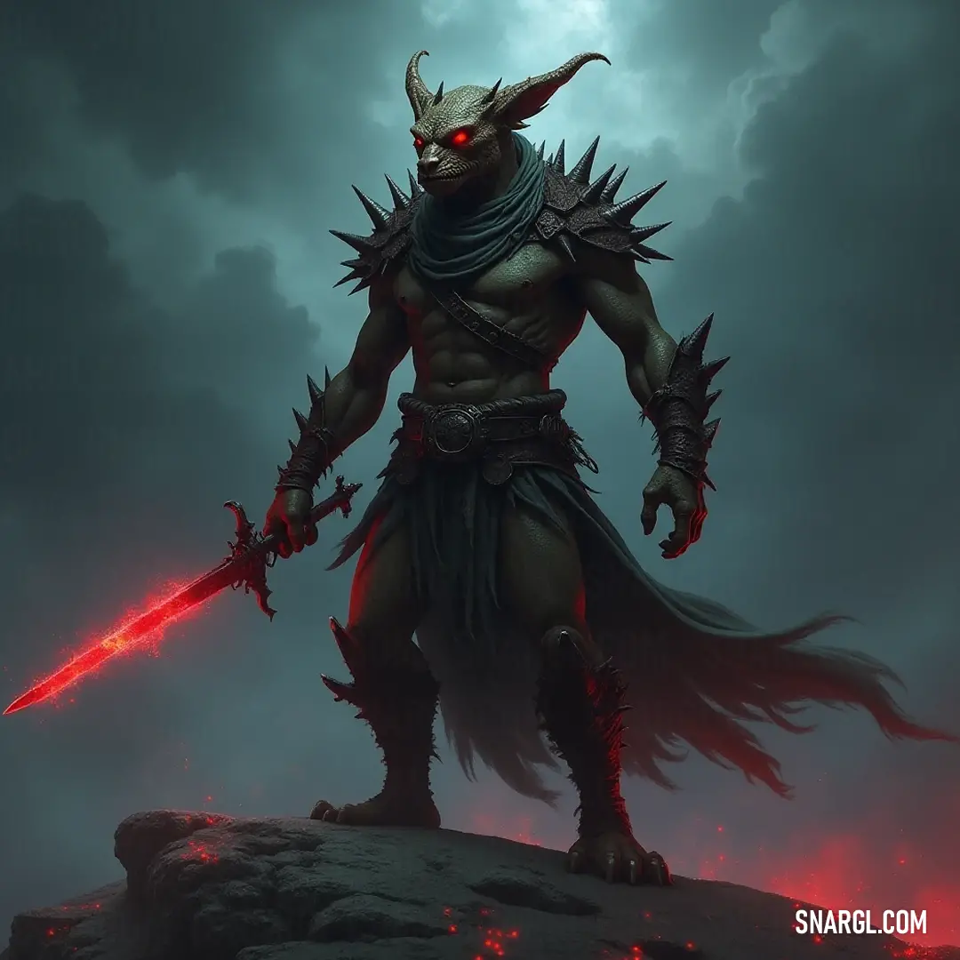 An intimidating demonic Tarek commands attention, sword raised high against a backdrop of ominous skies, its fiery gaze radiating raw strength and darkness. A menacing demonic Tarek brandishes a sword atop a rocky outcrop, with dark skies swirling above and glowing red eyes capturing the essence of power and ferocity.