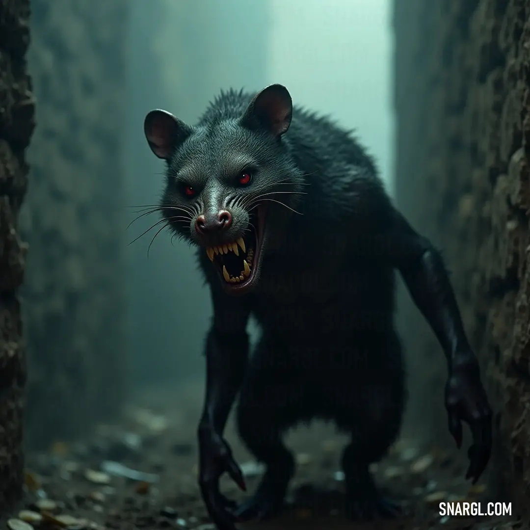 A terrifying Black Tarn with a fierce expression lurking in a dimly lit alleyway surrounded by stone walls. A menacing Black Tarn lurks in the shadows of a narrow alleyway, showcasing its large mouth brimming with sharp teeth. A dim light illuminates the gritty stone walls, creating an eerie atmosphere that hints at unseen dangers lurking nearby.