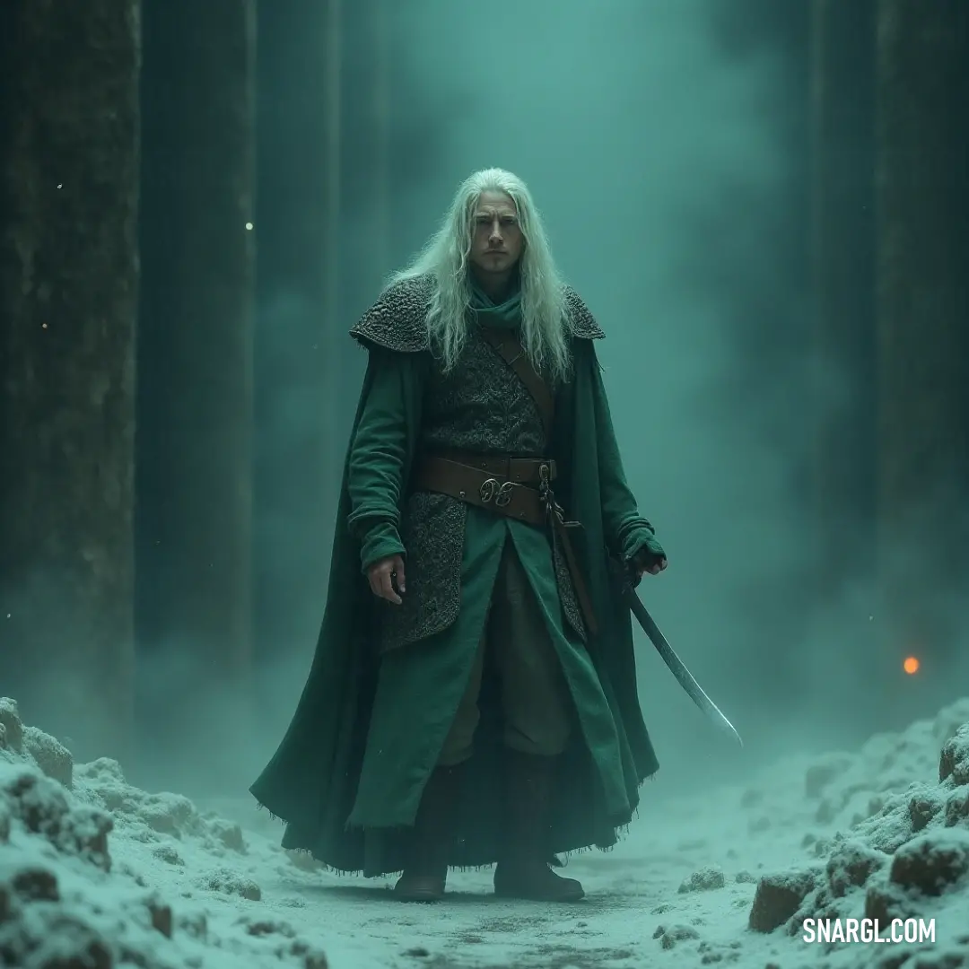 A captivating scene of a warrior clad in a vibrant green coat, brandishing a gleaming sword, as he navigates through a mystical snowy forest enveloped in ethereal fog and framed by towering, shadowy trees.