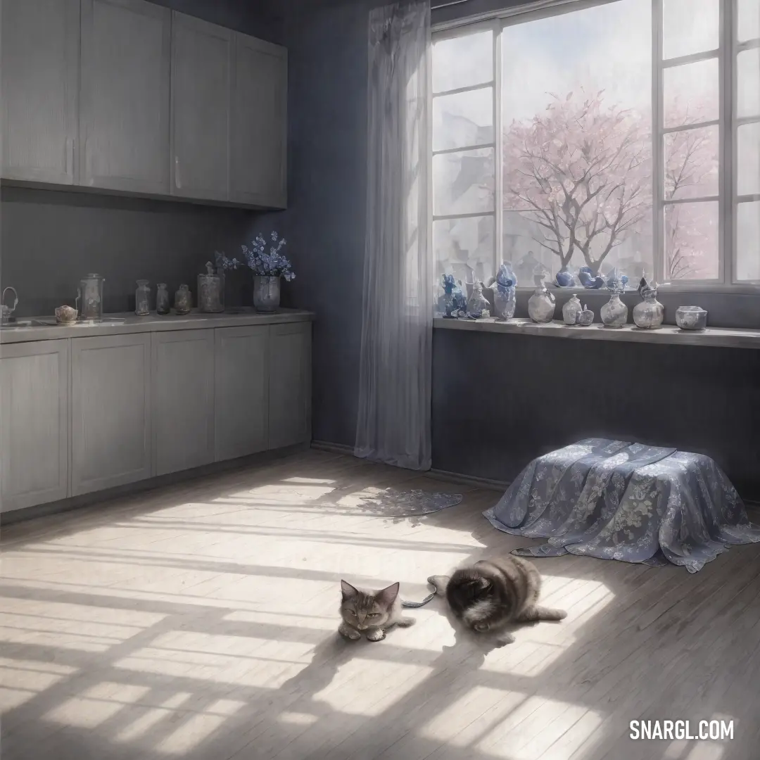 Cat laying on the floor in a kitchen next to a window with a curtain on it. Example of RGB 139,133,137 color.