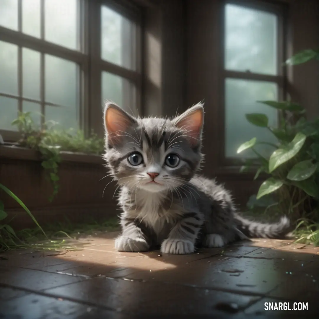 Kitten on a tile floor next to a window with green plants in the background. Color Taupe gray.