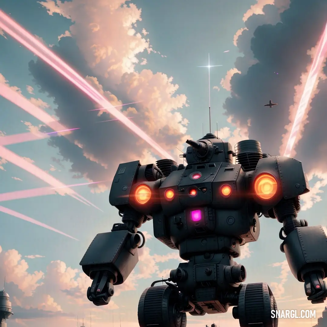 Large robot with two red lights on its face and two red jets flying overhead in the sky above