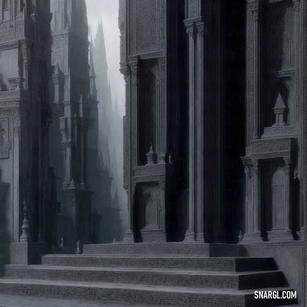 Man in a suit and tie walking down a set of stairs in a gothic city