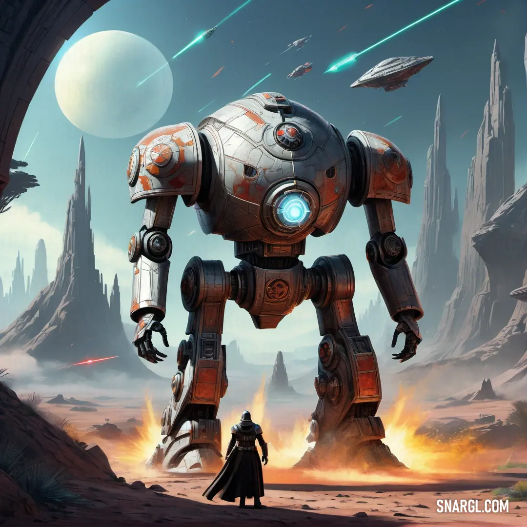 Robot standing in front of a giant robot in a desert area with a man standing next to it. Color RGB 139,133,137.