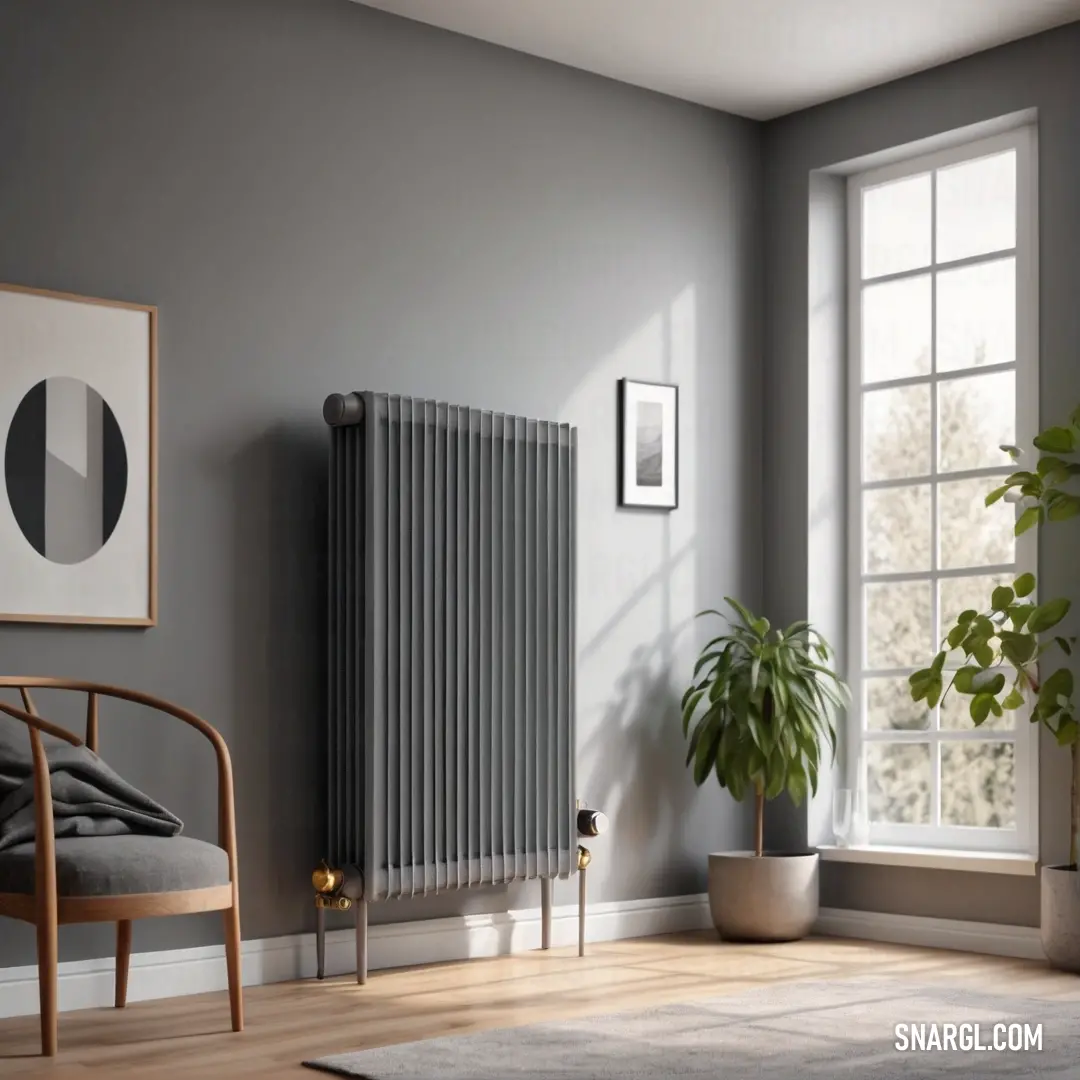 Taupe gray color. Room with a radiator, a chair, a potted plant and a window with a picture on it