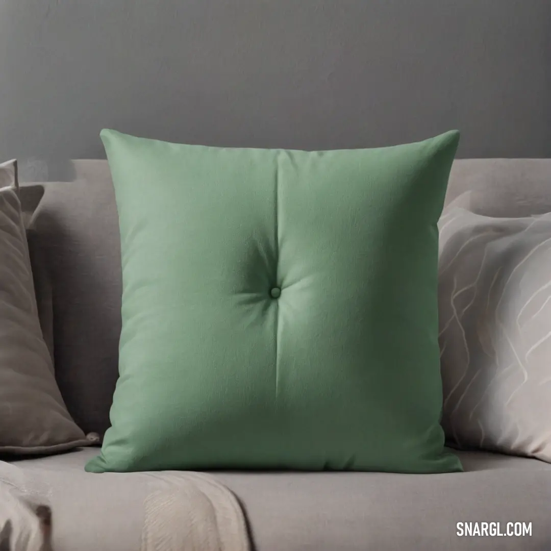 Couch with a green pillow on it and a white blanket on the back of it. Example of #8B8589 color.