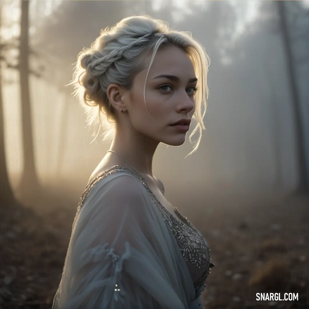 Woman with a braid in a forest with fog and trees in the background. Example of Taupe gray color.