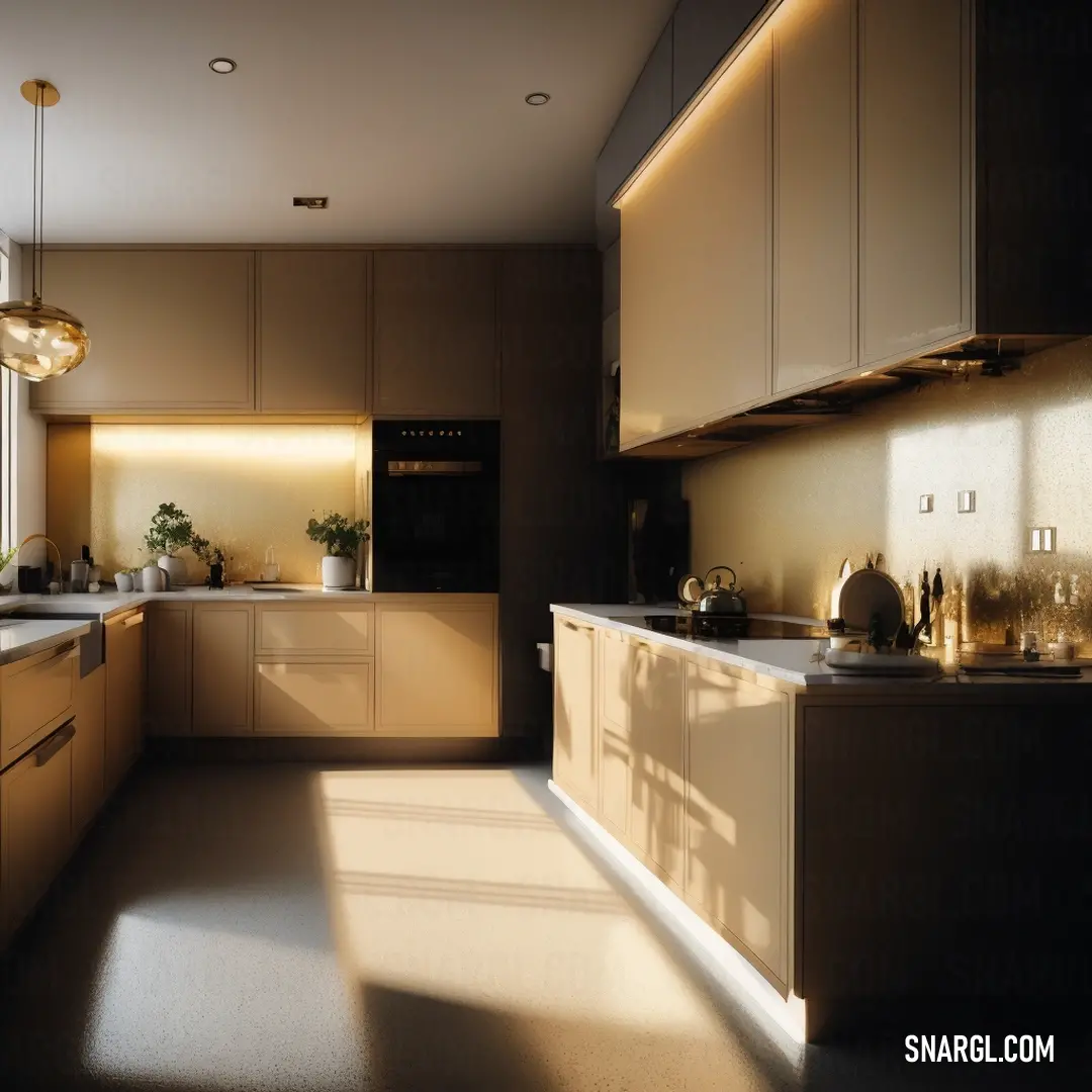 Kitchen with a lot of counter space and a window in the middle of it with a light coming in