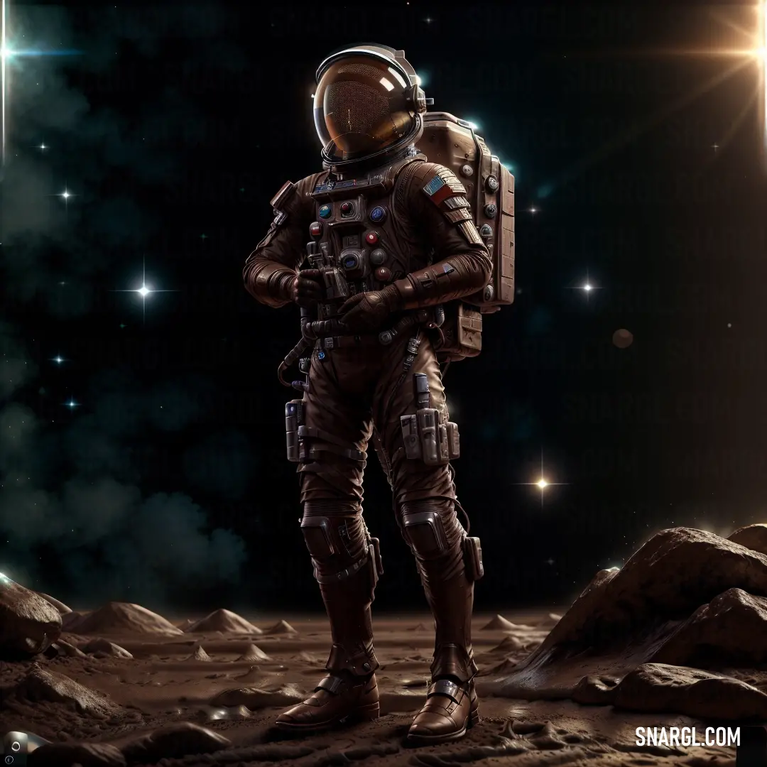 Man in a space suit standing on a rocky surface with a star in the background and a bright light shining on the ground