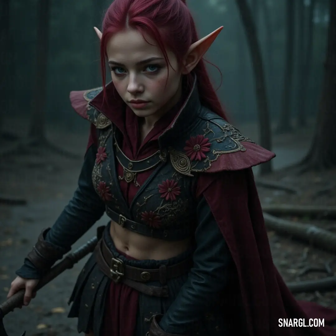 Draped in an intricately designed costume, a brave warrior wields her sword in a lush forest, surrounded by towering trees and a cascade of leaves, embodying the harmony of nature and courage.