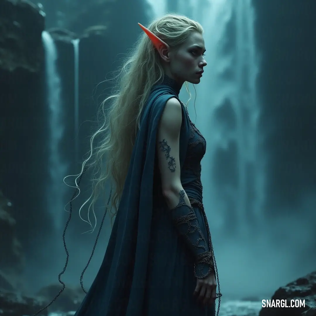 A fierce warrior stands confidently at the base of a majestic waterfall, her long hair cascading like the rushing water, while a vibrant red arrow rests upon her head, symbolizing her readiness for battle.