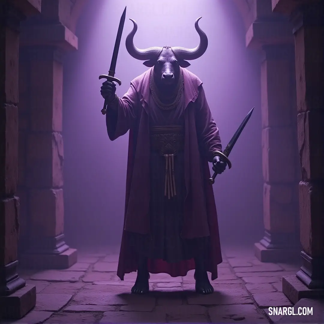 A Taurion wearing a horned mask stands in a dimly lit tunnel, holding two swords. A soft purple light streams through a distant doorway, illuminating the mysterious, dark passage he guards.