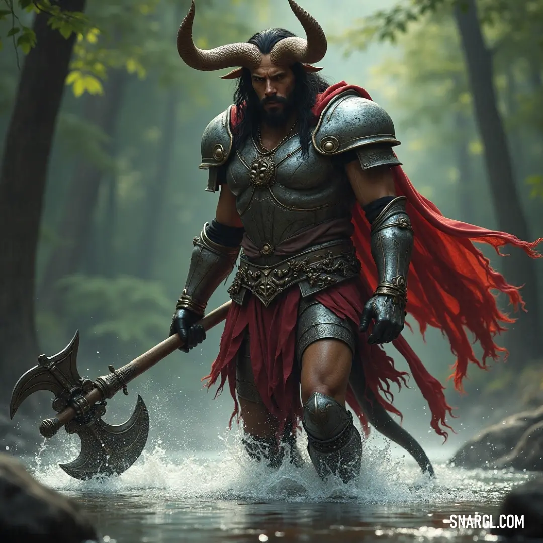 A dynamic character clad in an elaborate costume with a horned headpiece strides confidently through a rushing river, wielding an ax as water splashes around him amidst the wild, untamed landscape. A dynamic character clad in an elaborate costume with a horned headpiece traverses a rushing river. With an imposing ax in hand, he channels strength and determination, water splashing dramatically around him as he navigates through the wild, untamed land