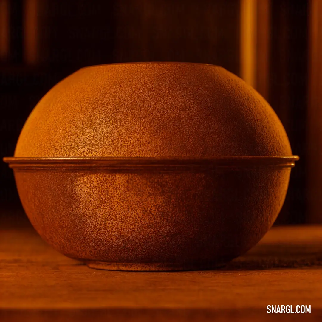Brown bowl on top of a wooden table next to a book shelf and a book case behind it