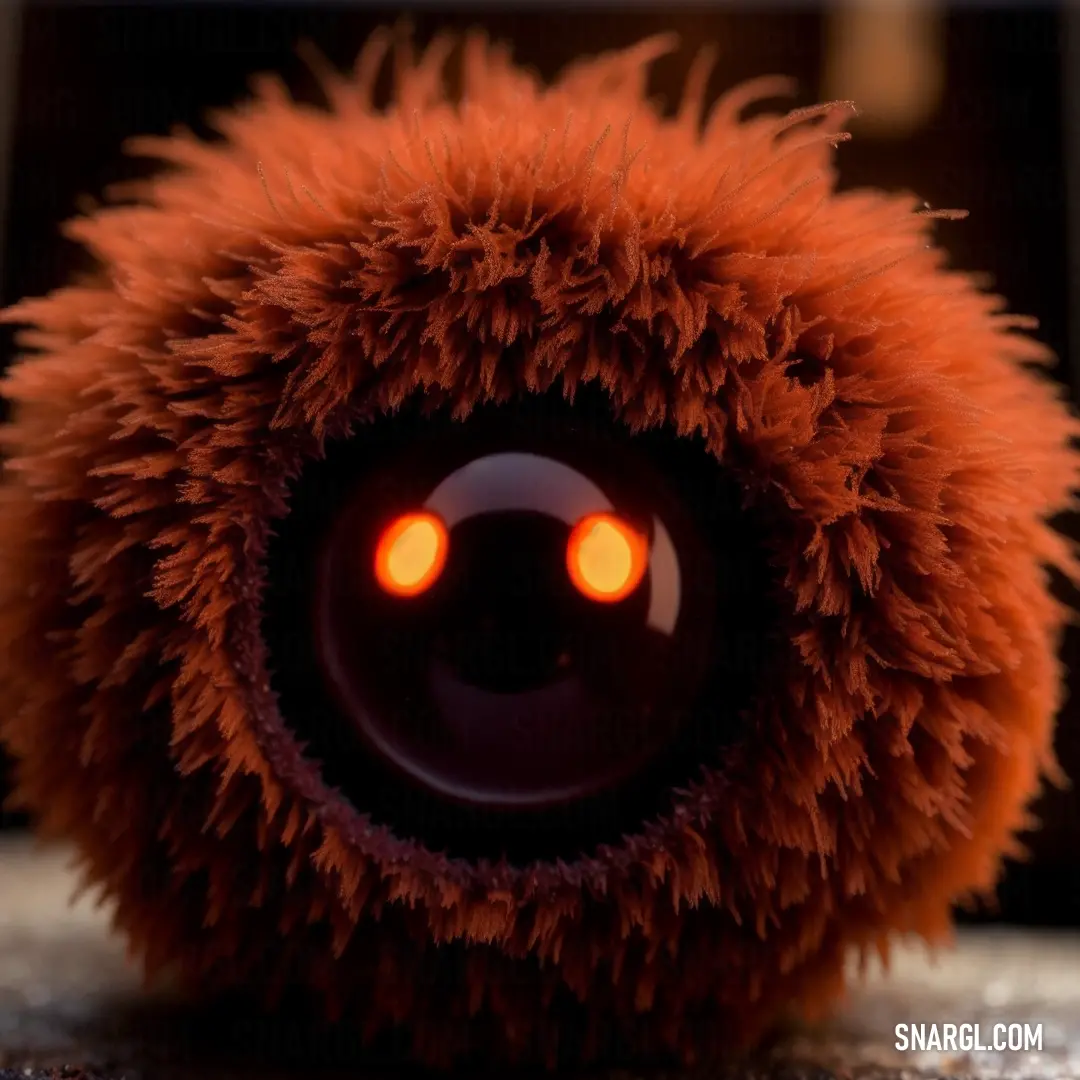 Close up of a toy with a red light on it's eyes and a fuzzy fuzzy ball