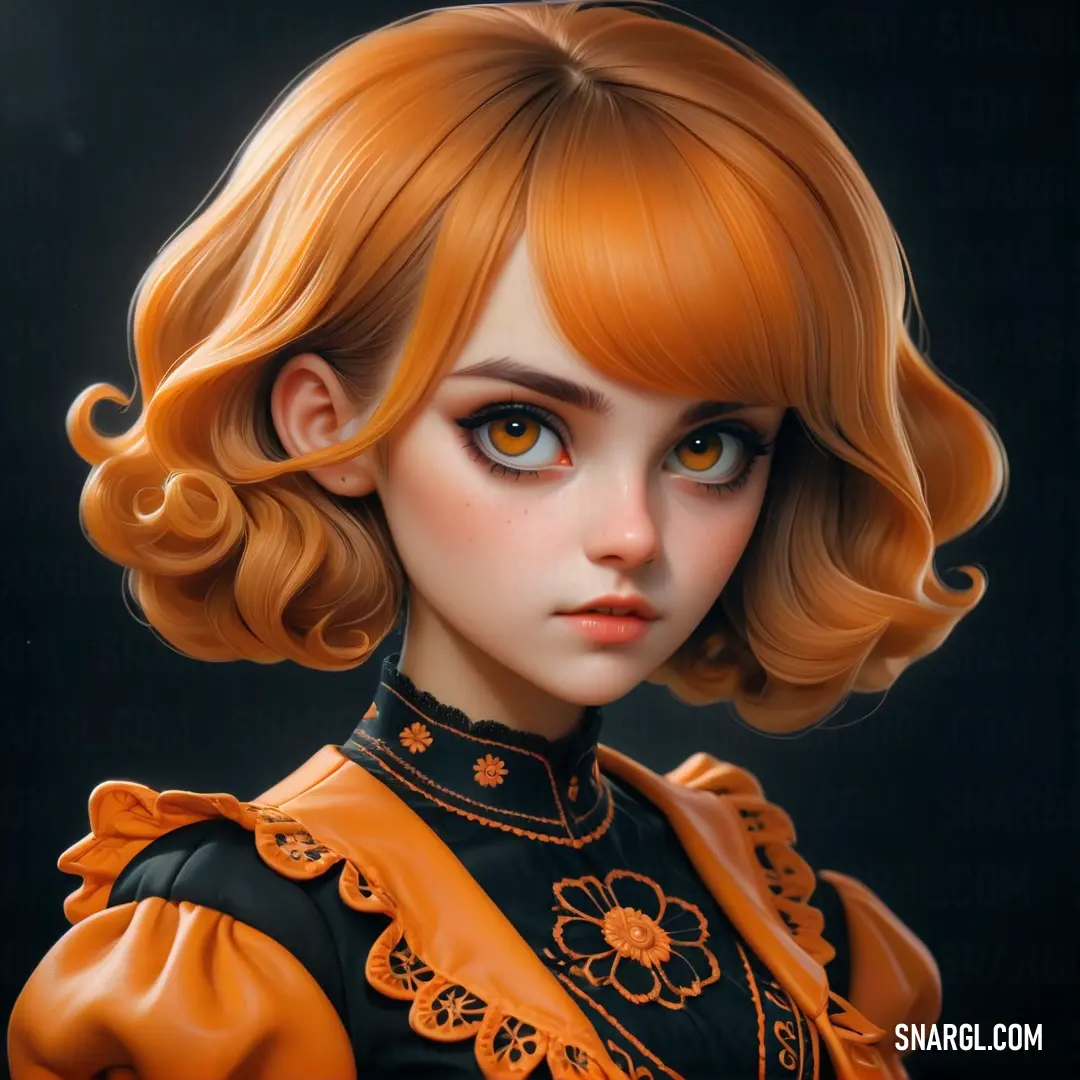 Digital painting of a woman with orange hair and a black dress with a flower on it's collar. Example of Tawny color.