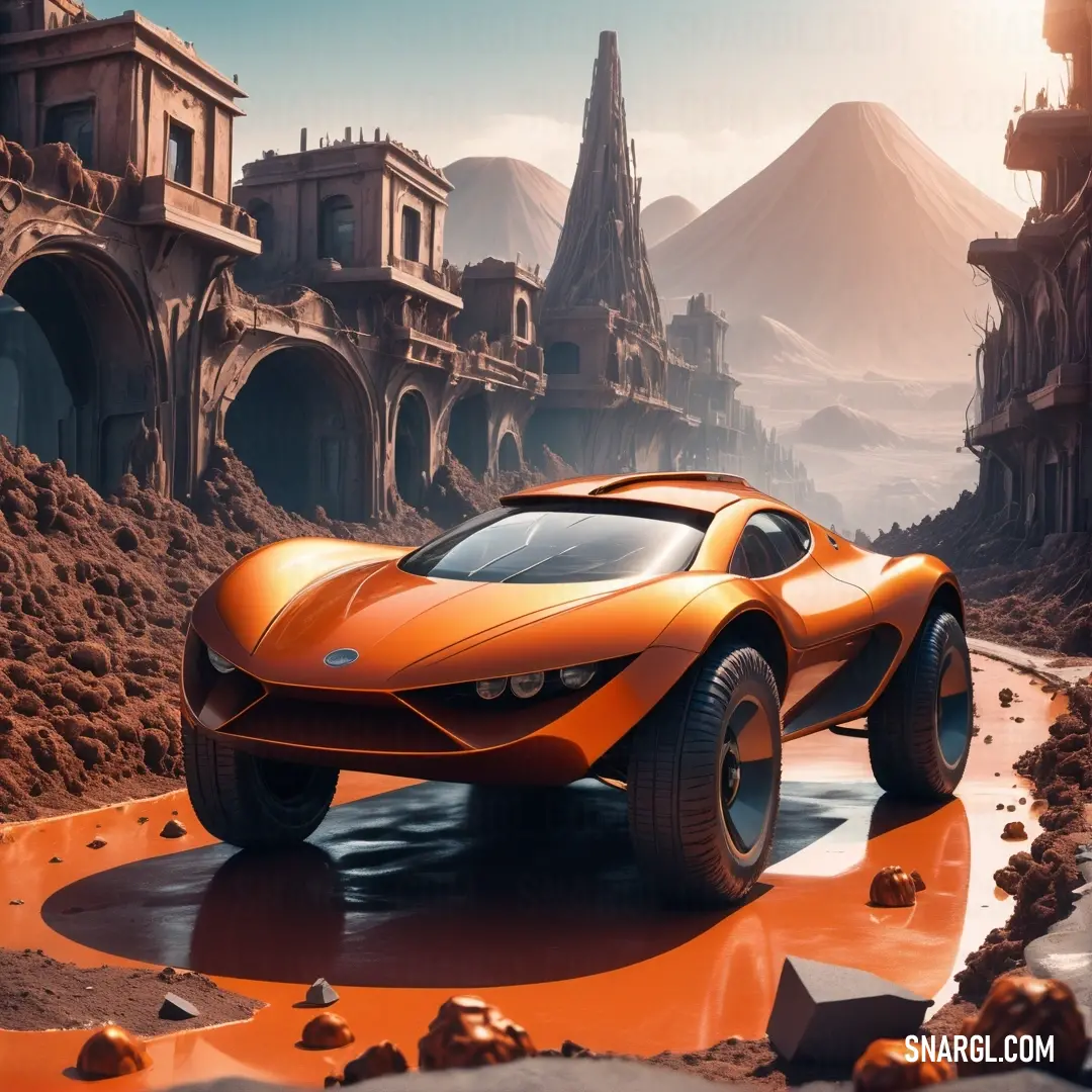 Futuristic orange car driving through a desert landscape with a mountain in the background. Example of Tawny color.