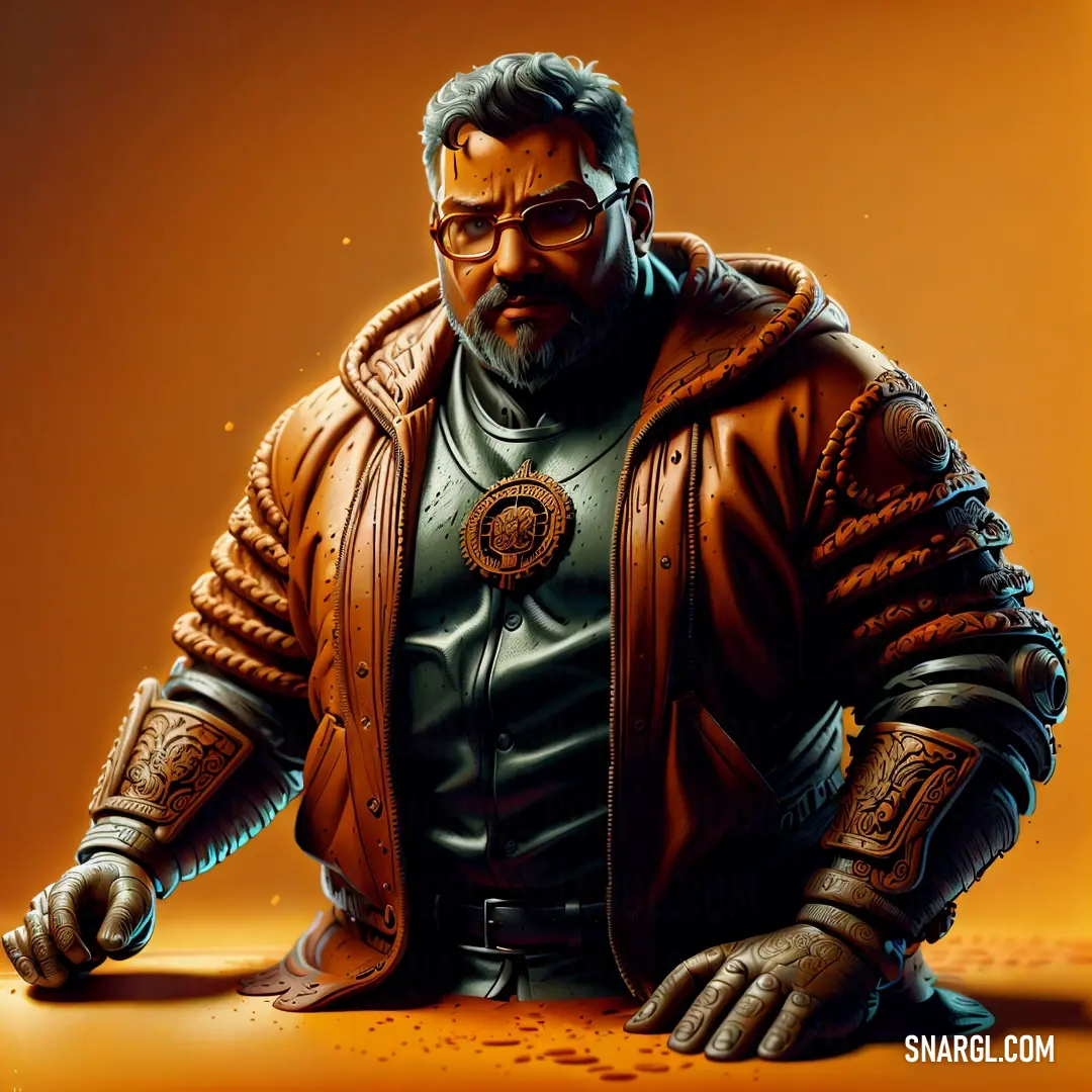 Man in a leather jacket and glasses on a table with a knife in his hand and a glowing orange background