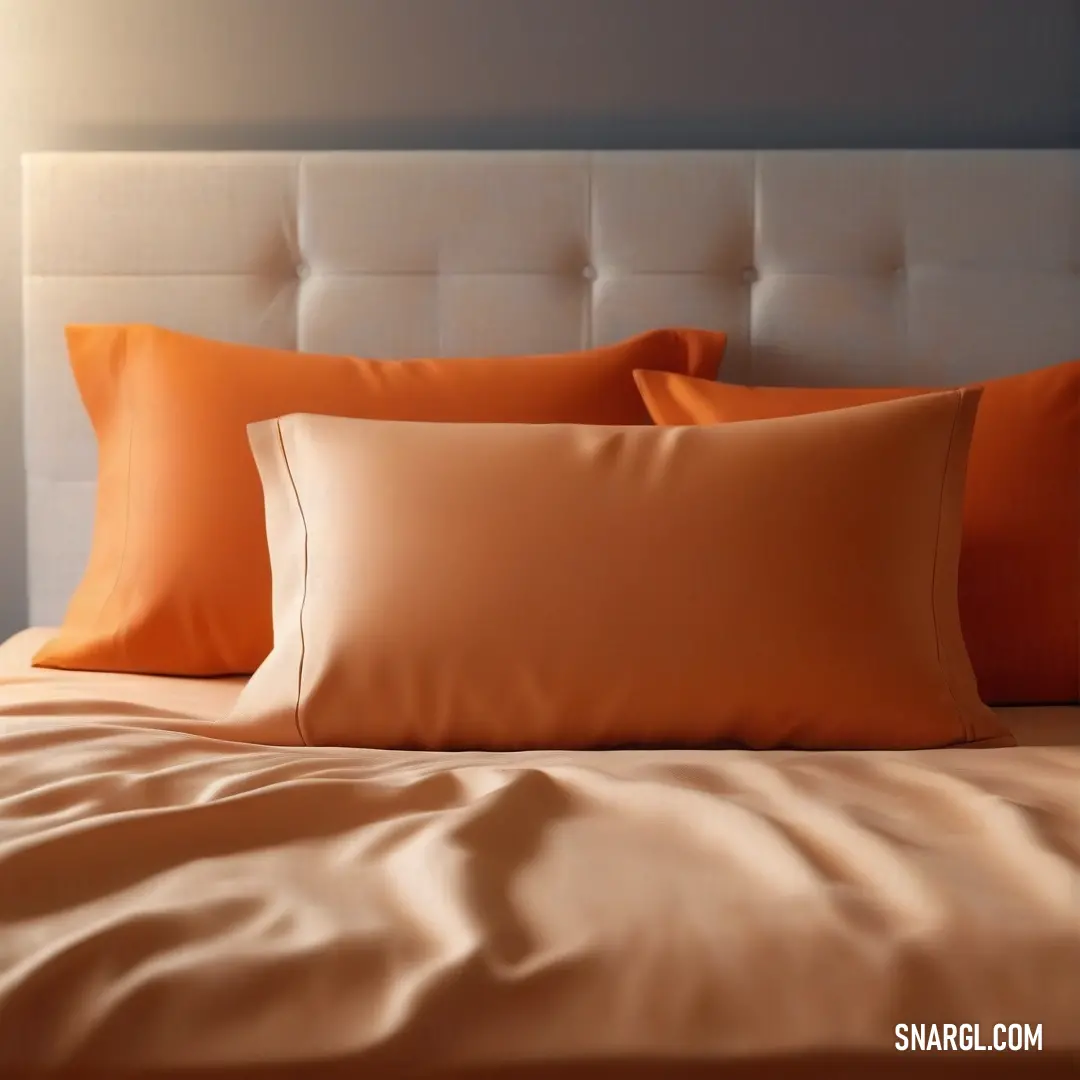 Bed with a white headboard and orange pillows on it's sides. Color RGB 205,87,0.