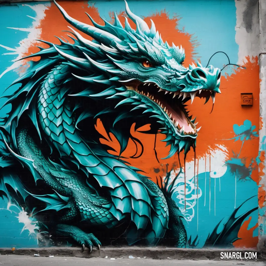 Blue dragon painted on a wall next to a red door with graffiti on it's side. Color Tawny.