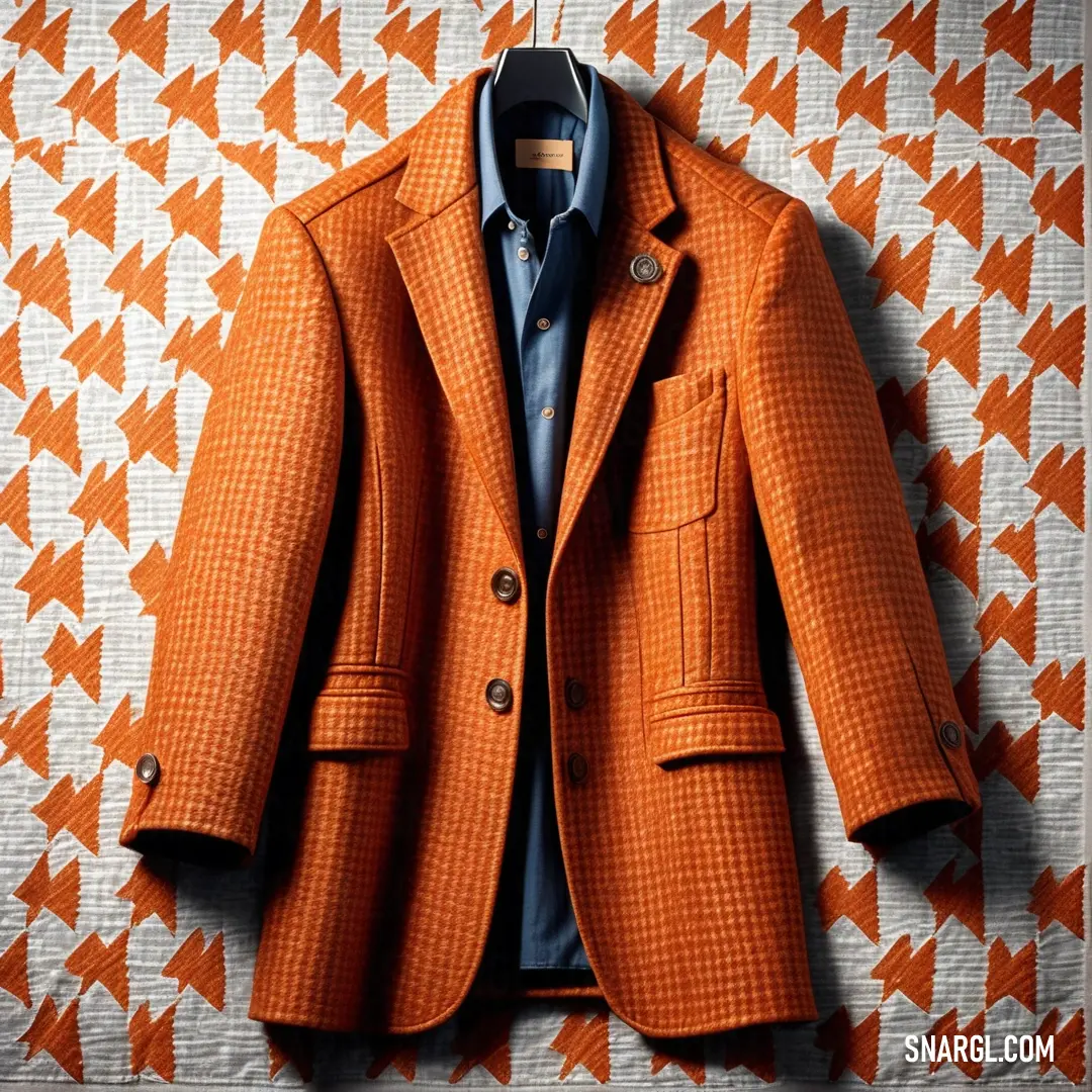 Tawny color. Jacket hanging on a wall with an orange and white pattern behind it and a blue shirt underneath it
