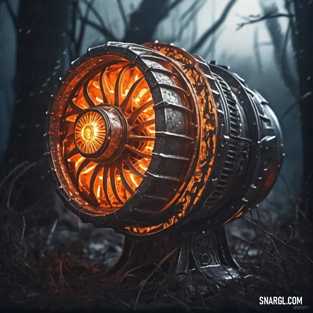 Large metal object with a glowing light inside of it in the woods with trees in the background. Color #CD5700.