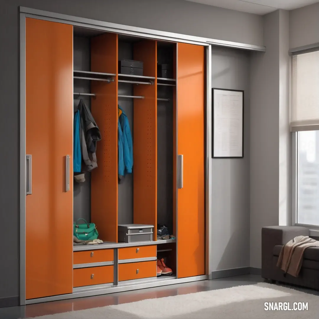 Room with a couch and a closet with orange doors and drawers and a window with a view of a city. Example of RGB 205,87,0 color.