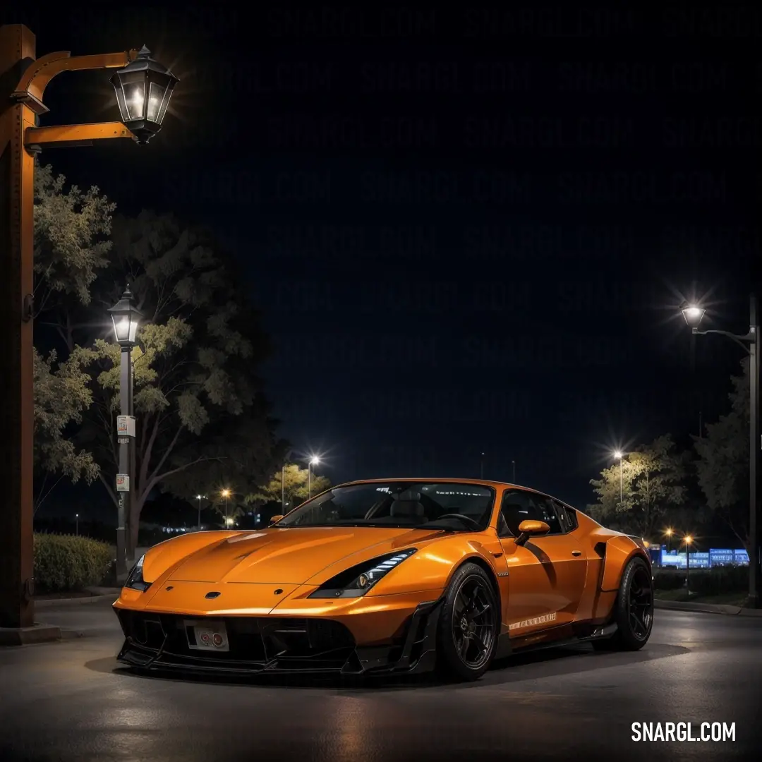 Sports car parked in a parking lot at night time with street lights on the side of the road. Example of Tawny color.