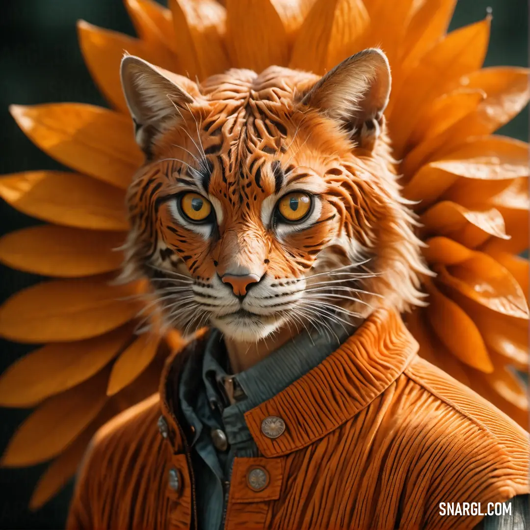 Tiger wearing a jacket and a sunflower on its head is shown in this image of a tiger. Example of RGB 205,87,0 color.