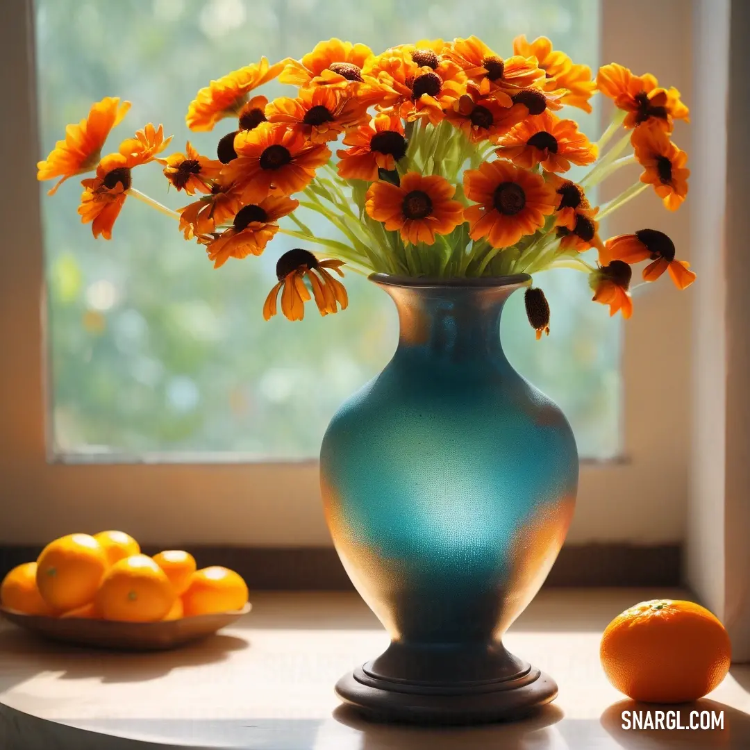 Vase of flowers and oranges on a table near a window sill. Example of Tawny color.