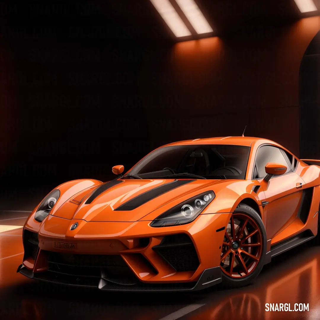 Very nice looking orange sports car in a dark room with lights on it's sides and a door open