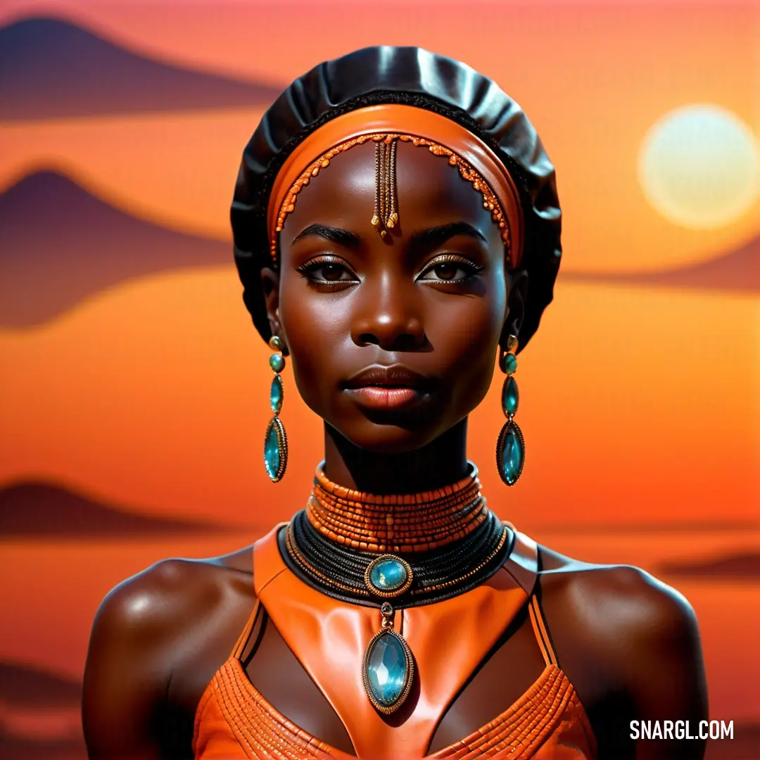 Woman with a head piece and a necklace on her neck and a sunset in the background. Color CMYK 0,58,100,20.