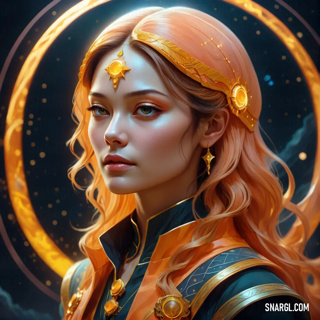 Woman with long hair wearing a gold head piece and a gold halo around her neck and a crescent behind her. Color CMYK 0,58,100,20.
