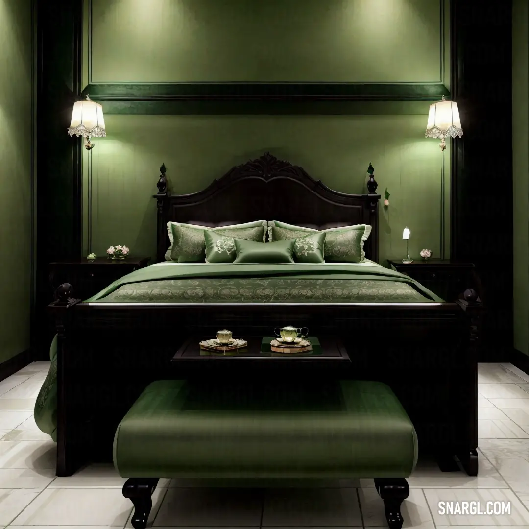 Bedroom with a green bed and a green ottoman in the middle of the room with a green wall. Color #D0F0C0.