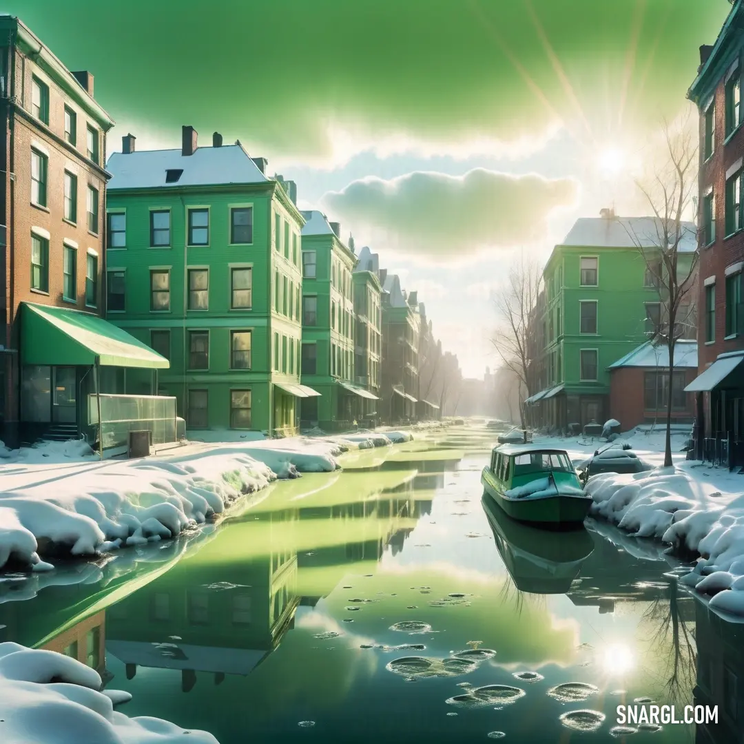 Tea green color. Boat is floating on a river in a snowy city area with snow on the ground and buildings on the other side