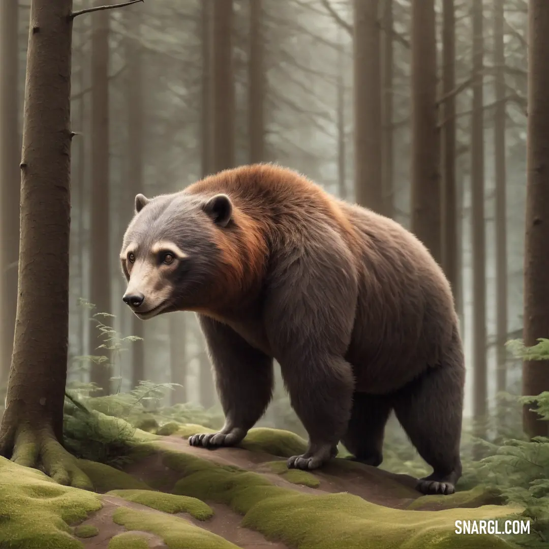 Brown bear standing on a moss covered hill in a forest with trees and grass on the ground and a path leading to it
