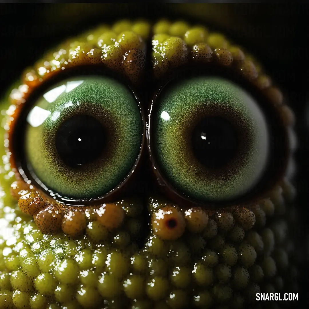Close up of a green frog's eyes with a black background and a black background with a white border