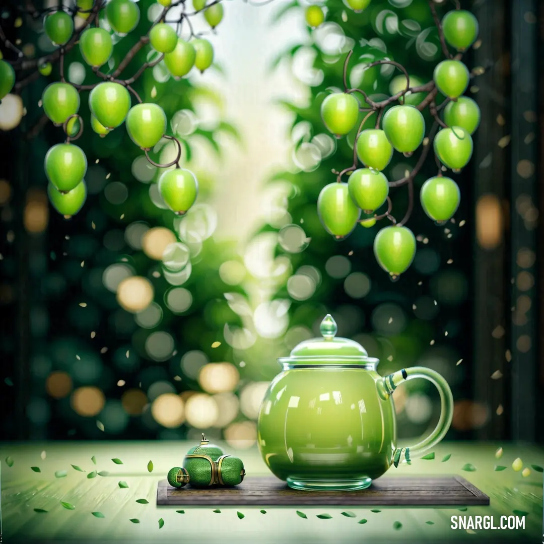Green teapot on top of a wooden table next to a tree filled with green apples and leaves