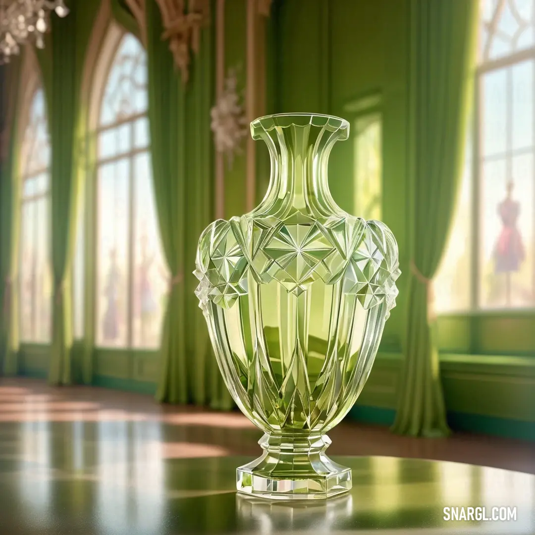 Green vase on top of a table in a room with green curtains and windows with chandeliers. Color RGB 208,240,192.