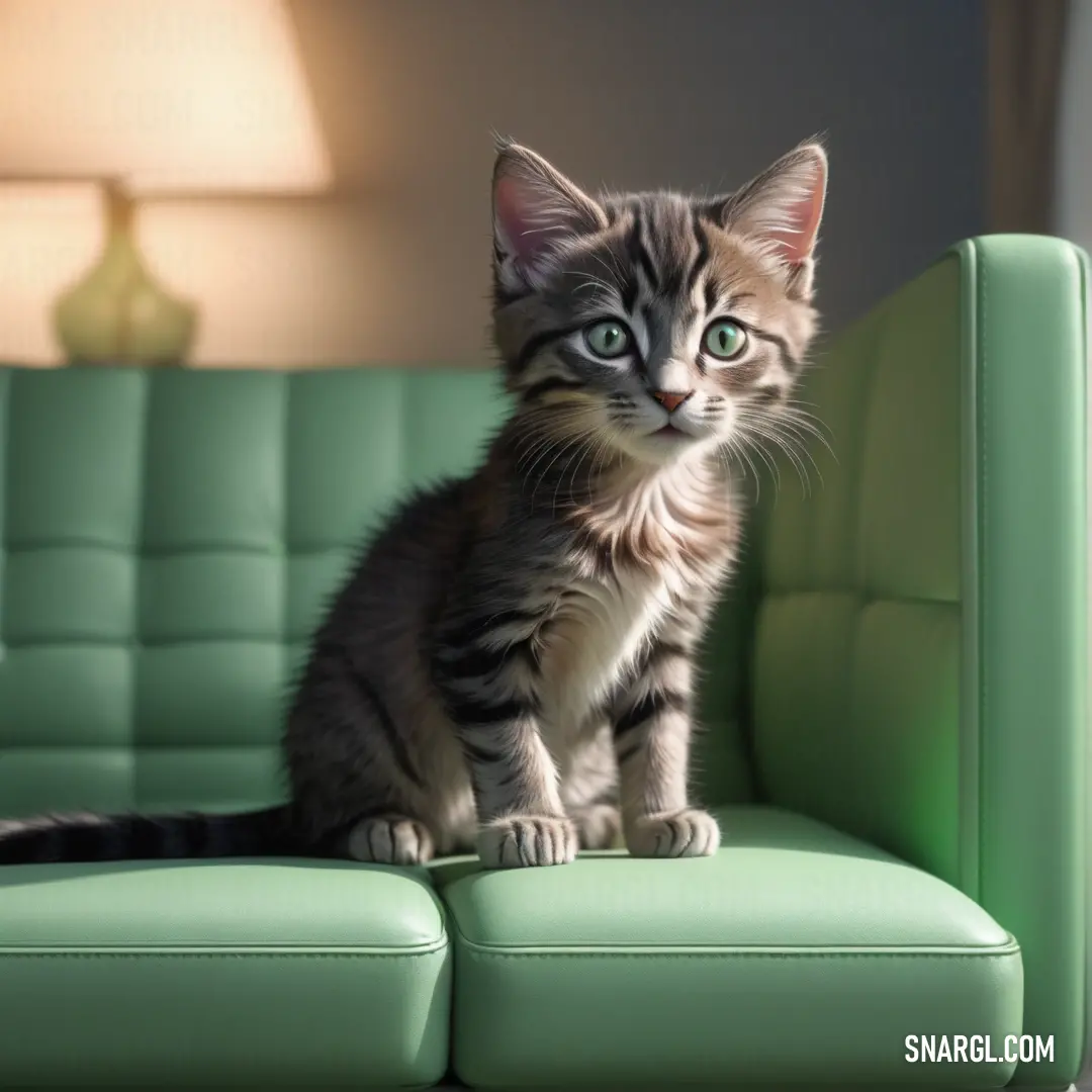 Kitten on a green couch with a lamp in the background. Color RGB 208,240,192.
