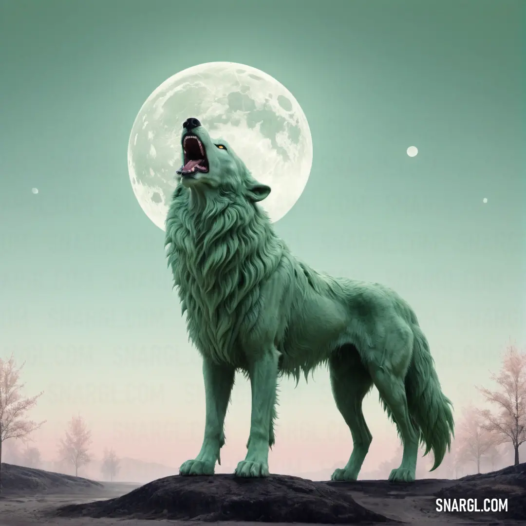 Wolf standing on a hill with a full moon in the background and trees in the foreground