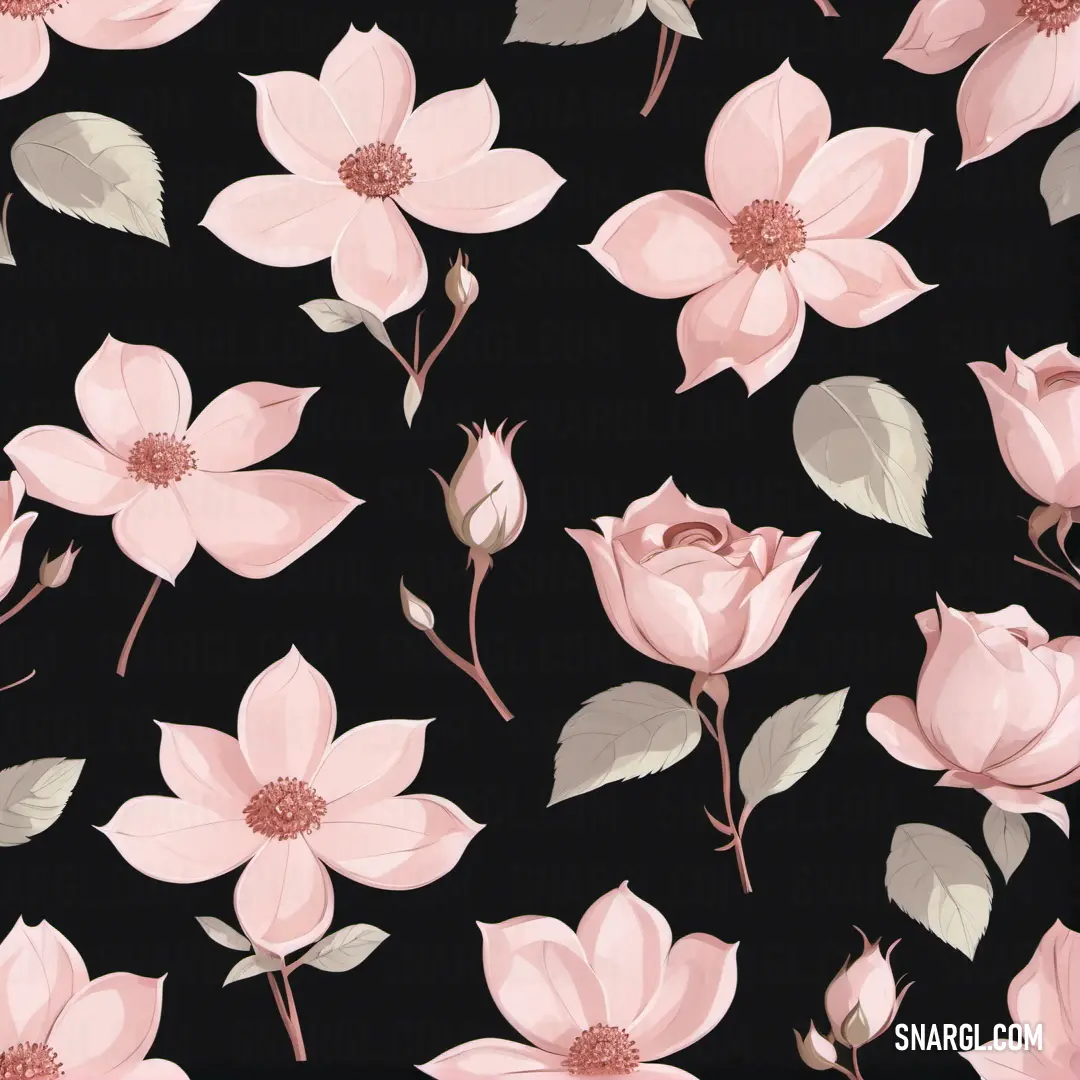 Black background with pink flowers and leaves on it. Example of #F4C2C2 color.