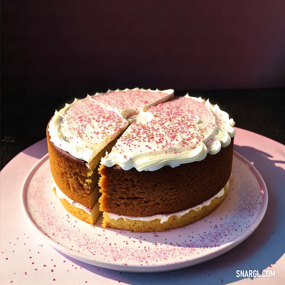 Cake with white frosting and pink sprinkles on a plate with a knife sticking out of it