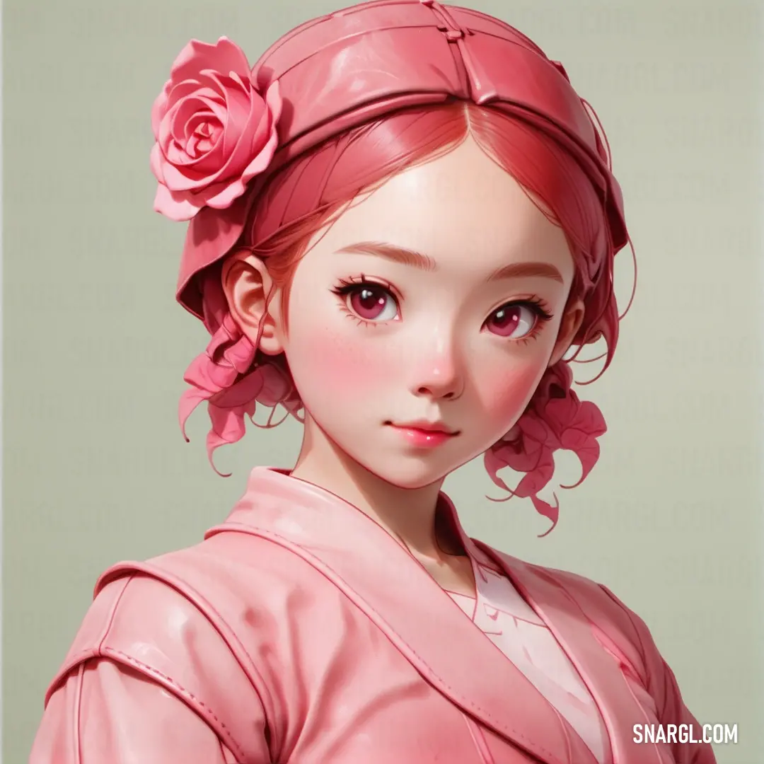 Digital painting of a woman with a pink flower in her hair and a pink dress with a pink rose in her hair. Example of Tea rose color.