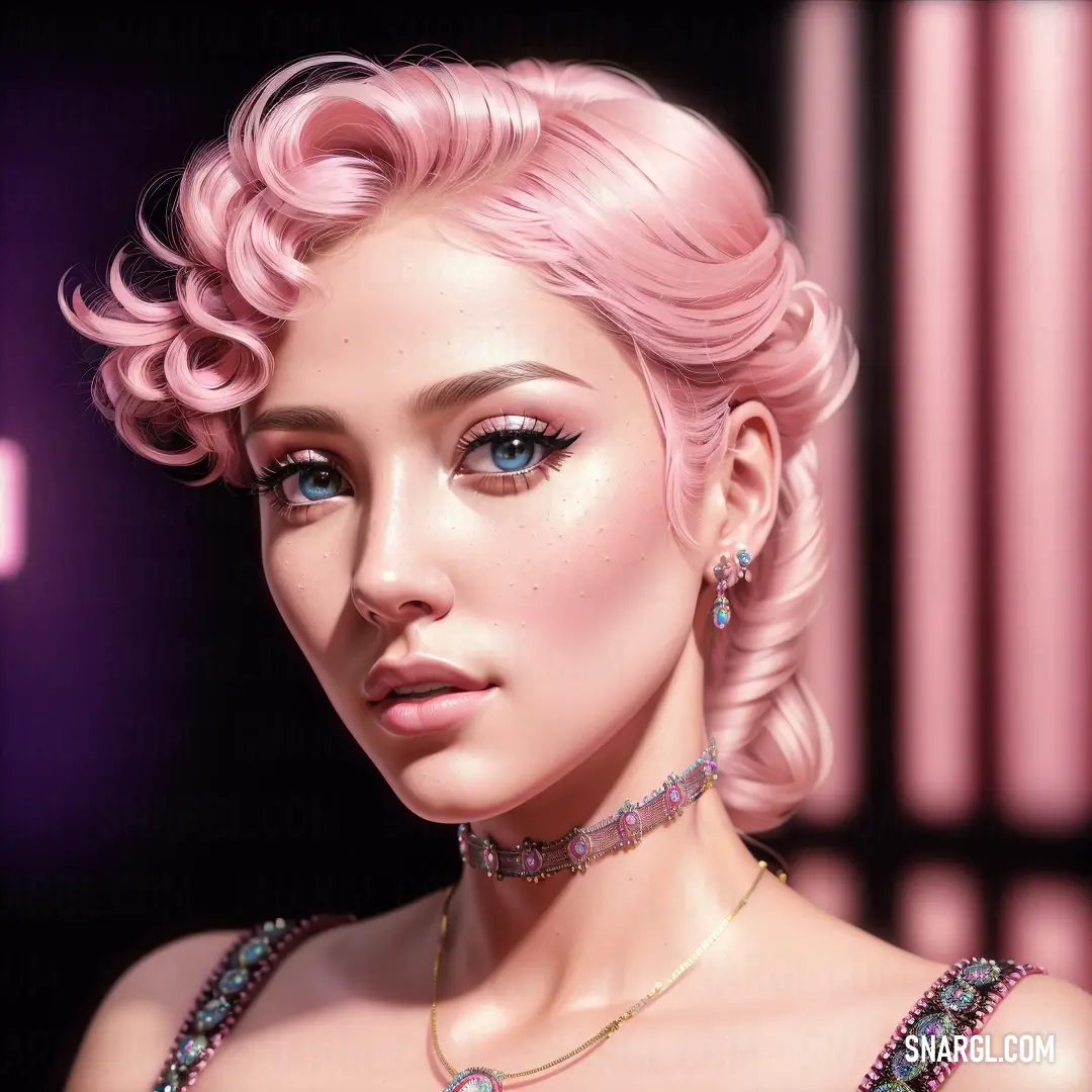 Digital painting of a woman with pink hair and jewelry on her neck and chest