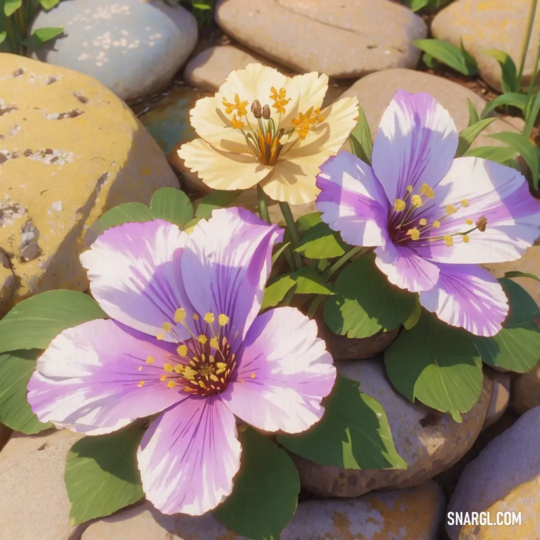 Group of flowers on top of a pile of rocks next to a pile of rocks and a plant