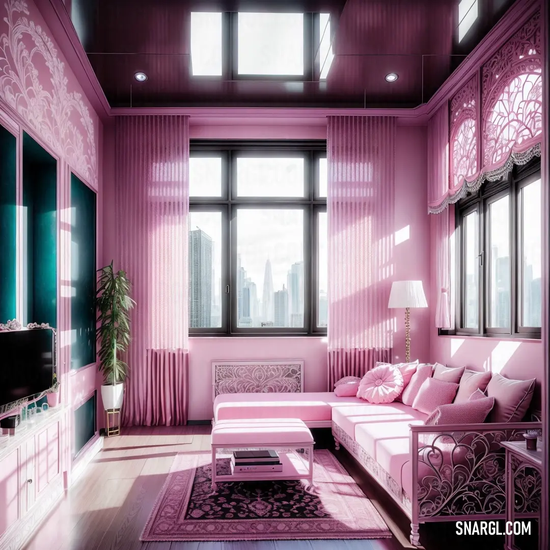 Living room with a pink couch and a pink rug on the floor and a large window with city view