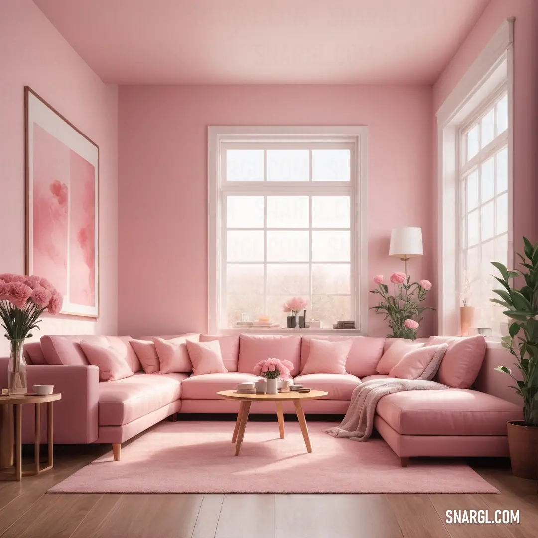 Living room with pink walls and a pink couch and coffee table in the middle of the room with pink carpet. Example of Tea rose color.